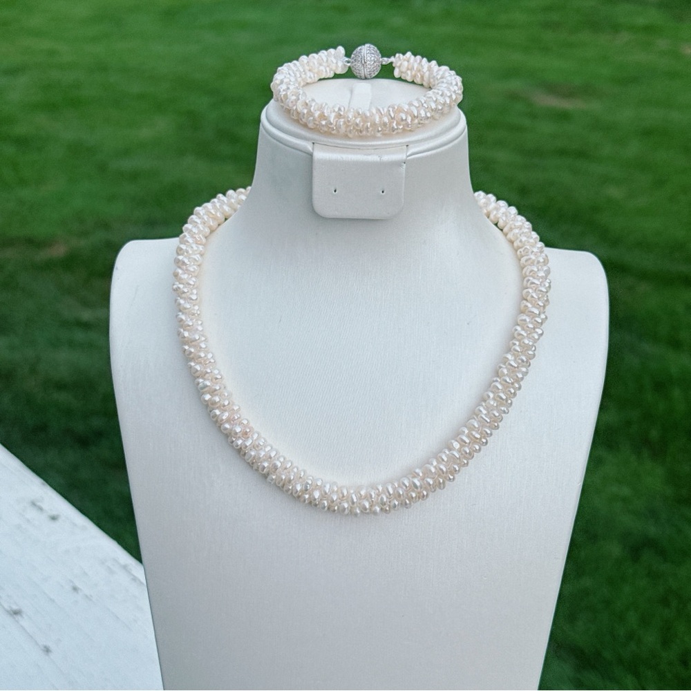 X575 Handmade Freshwater Pearl Braided Necklace Bracelet Statement Set